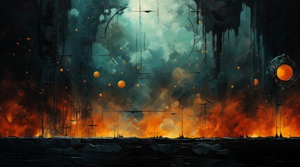 A Vision of a Dystopian Future: Fire, Ruins, and a Sky Teeming with Unknown Orbs - obrazy, fototapety, plakaty
