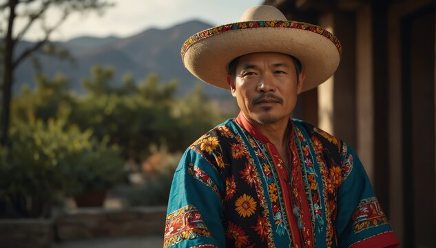 handsome asian middleaged man wearing traditional mexican clothing huipil from Generative AI