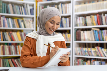 A cheerful Muslim woman wearing a hijab is studying with a notebook in a library. She is smiling,...