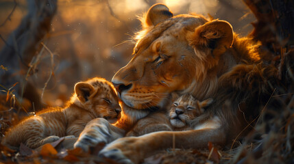 Lion sleeping with cubs