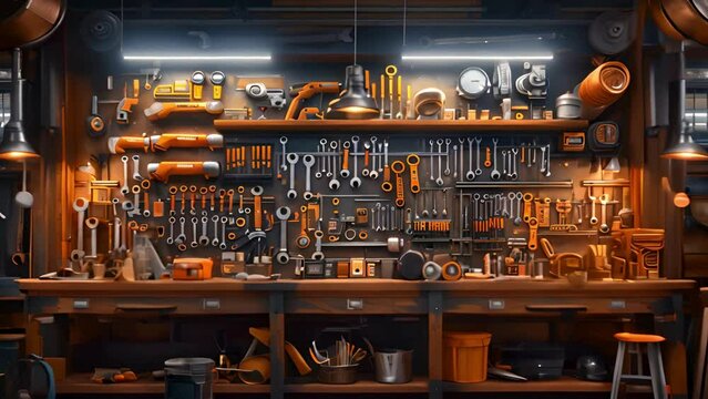 A top-down view of an assortment of tools, including wrenches and screwdriver-like elements, arranged in a grid on the wall inside a dark room with warm lighting.