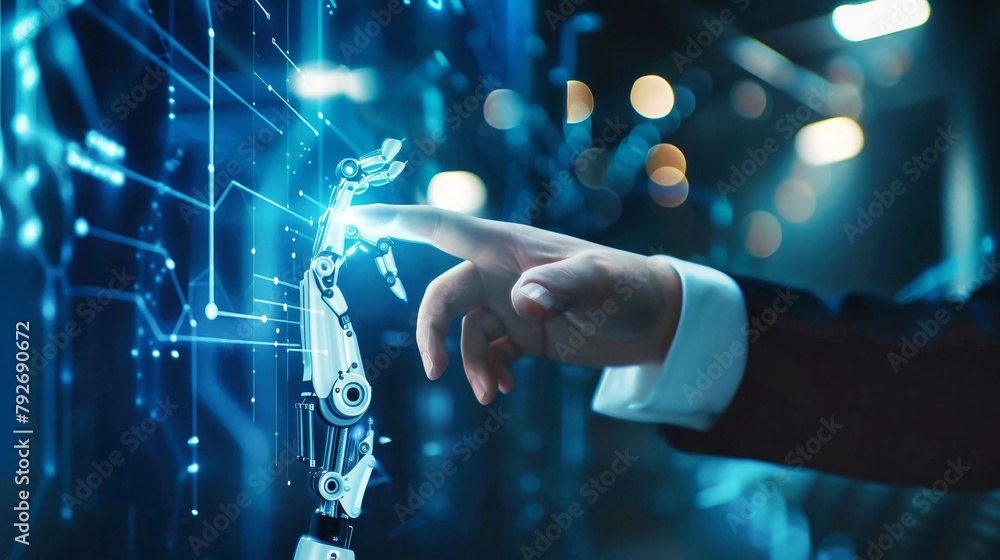 Poster a person gently touches a robot on a wall, showing a moment of human-robot interaction and connectio