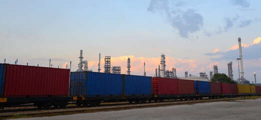 Transportation and industrial locomotives, refineries and petrochemicals and natural gas and oil storage tanks, blue background