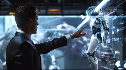 A sharply dressed man in a suit gestures towards a robot, engaging in a discussion or giving instructions