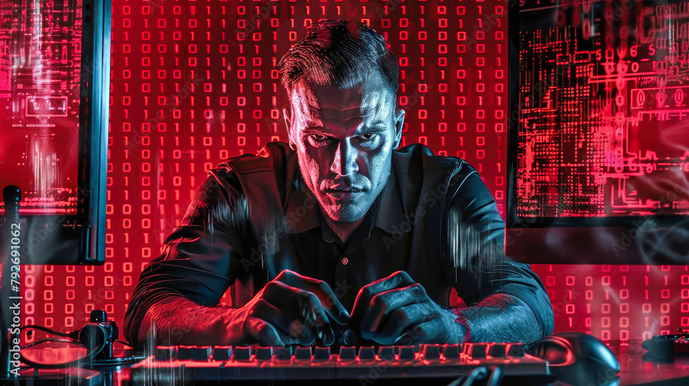 Poster a man immersed in concentration, sitting at a desk in front of a keyboard, working on a computer scr