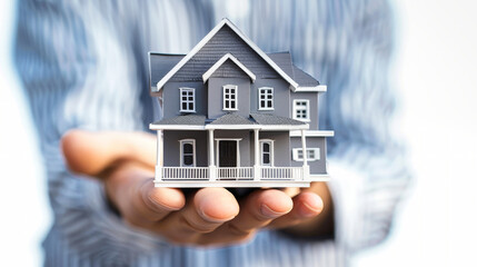 A man holds a model house in his hands, symbolizing concepts of real estate, mortgage, and property sales