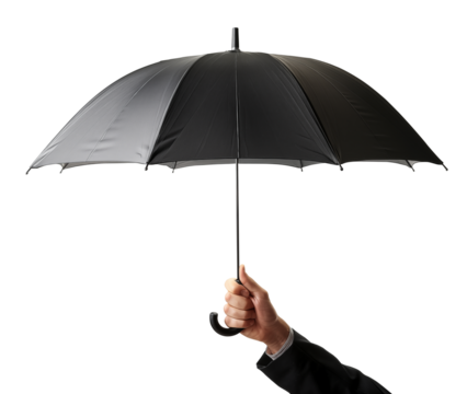 Hand holding a black umbrella isolated on transparent background. Generative AI - Powered by Adobe