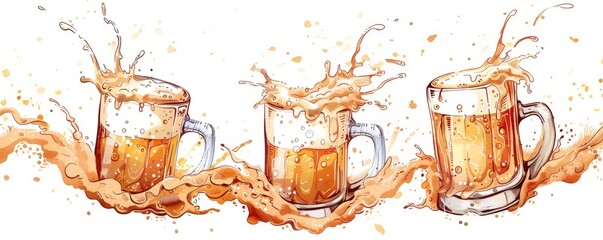 beer mugs with beer and foam in watercolor style - obrazy, fototapety, plakaty