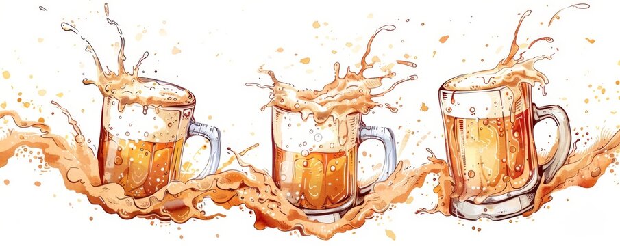 beer mugs with beer and foam in watercolor style