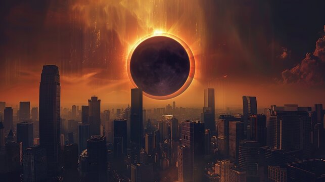 The image shows a dark, apocalyptic cityscape with tall buildings and a large red sun in the sky.