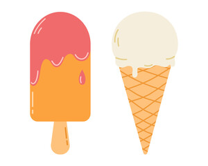 Ice cream in a waffle cone and Ice cream on stick. Frozen juice on wooden stick. Flat vector isolated illustration