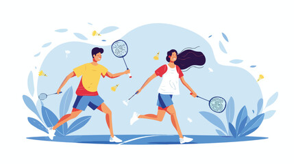 Woman and man playing badminton. Vector flat style illustration