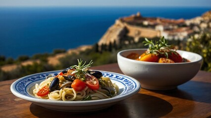 Yummy mediterranean food with pasta, vegetables, tomatoes, served on the terrace with sea view, closeup