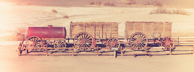 Vintage image of twenty mule team display in Death Valley National Park - obrazy, fototapety, plakaty