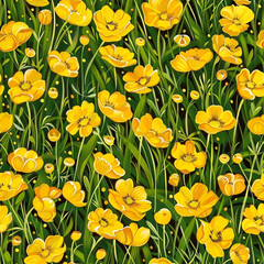 Seamless pattern Buttercup Beauty: Use acrylics to paint cheerful buttercups, capturing their bright yellow blooms and playful charm in a captivating pattern.