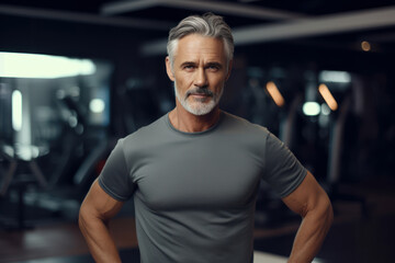 Fototapeta na wymiar A mature man with a white beard poses confidently in a modern gym