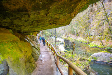 Fototapeta premium A group of hikers explores a mossy, rocky gorge with a pathway with wooden railings in Bohemian Switzerland National Park, Czechia