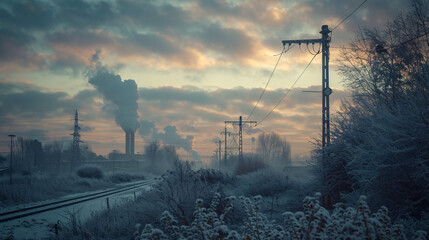 Power lines and bushes during an early winter morning - obrazy, fototapety, plakaty