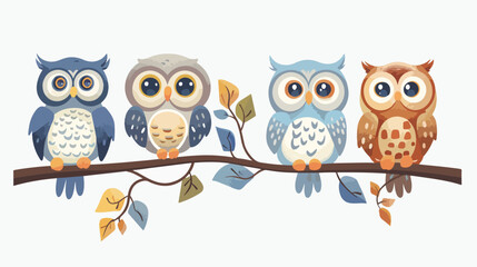 Cute owl birds set. Funny owlets feathered animals