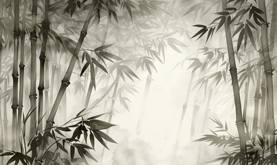 Chinese ink painting black and white abstract background, bamboo forest, copy space, calm and elegant, zen, Asian calligraphy wallpaper.
