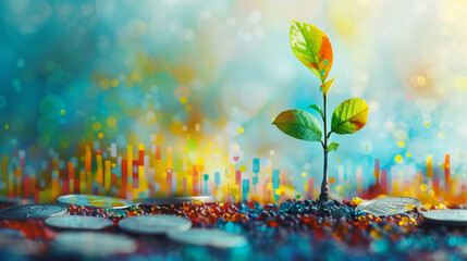 plant growing with graph in background, investment concept - obrazy, fototapety, plakaty