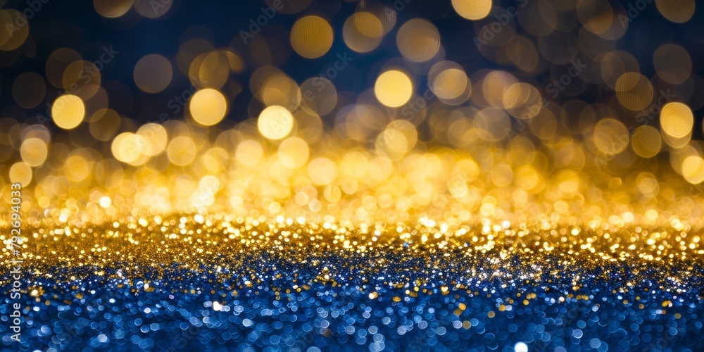 Poster abstract shimmering golden bokeh lights on a blue background, creating a festive and magical atmosph