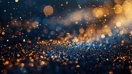 Elegant golden bokeh lights sparkle on a navy blue backdrop, ideal for a luxurious background or...