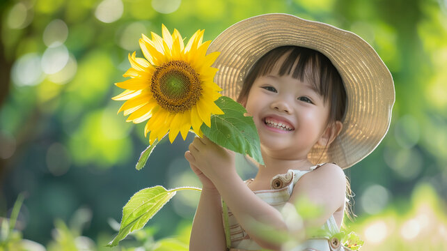 A cute little girl wearing a summer sun hat, holding a big yellow blooming sunflower in her hand smiling happily at the park on a sunny day