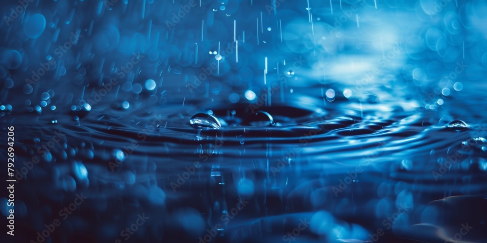 Poster close-up view of raindrops falling on a serene water surface with a bokeh effect.