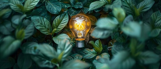 Ecology banner with green leaves light bulb and sustainable energy theme. Concept Ecology, Green Leaves, Light Bulb, Sustainable Energy, Banner