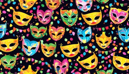 'carnival multicolored festive holiday masks colorful background confetti seamless pattern black mask festival party design celebration masquerade decoratio'