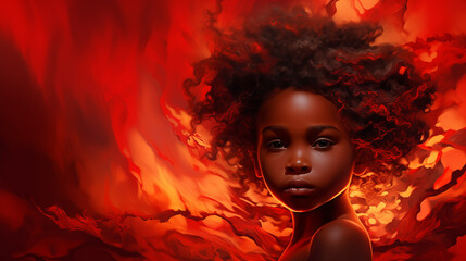 A young African girl poses with a striking red backdrop, her gaze captivating and thoughtful. Copy space. Dramatic vibe.