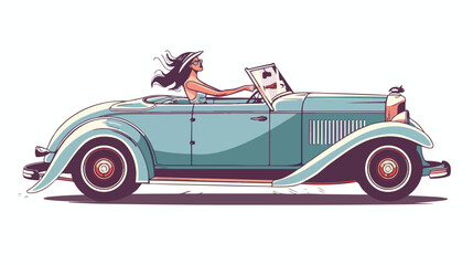 Woman is riding in a classic car. Vector illustration