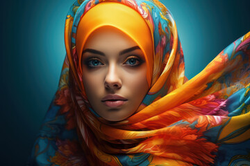 Portrait of woman in colorful hijab on dark background
