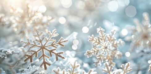 Winter wonderland scene with sparkling snowflake decorations and magical bokeh lights.