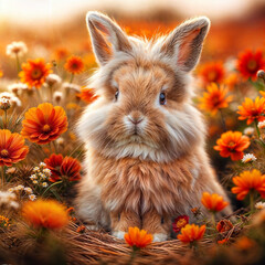 arafed rabbit sitting in a field of orange flowers, rabbit, closeup of an adorable, cute anthropomorphic bunny, portrait of a bugs bunny, close - up portrait, close-up portrait, innocent look. rich vi