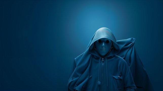 mysterious veiled person in a blue mask and hood on a blue studio background.