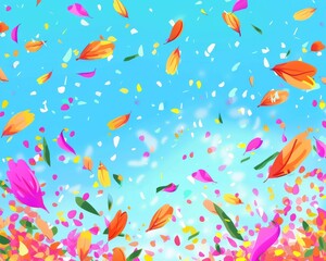 Petals of various colors falling against a blue sky