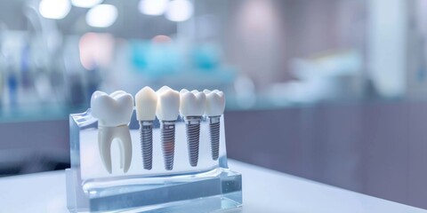 Dental implant models displayed on a transparent stand in a clinic setting.