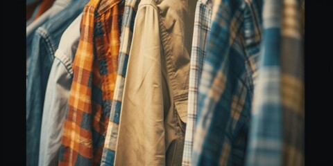 Assorted casual and formal men's shirts hanging on wooden hangers in a wardrobe.