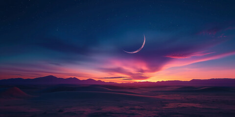 The crescent and beautiful moon rise at sunset background. Night sky landscape and moon, stars