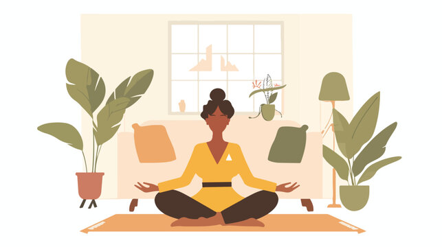 Woman meditating in the living room. Woman in yoga tr