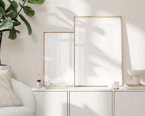 Two frame mockup, Home interior background, Room in beige pastel colors, 3d render
