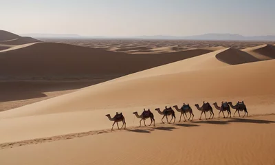 Fototapeten A caravan of camels slowly wanders through the dunes of the great desert. © sv_production