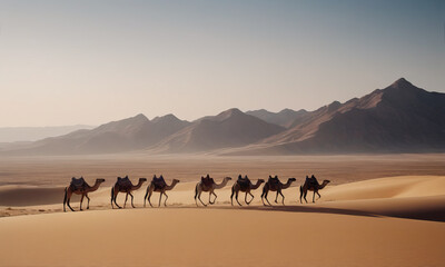 A caravan of camels slowly wanders through the dunes of the great desert.