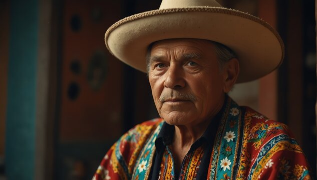 handsome caucasian elderly man wearing traditional mexican clothing huipil from Generative AI