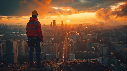 A construction worker stands on a rooftop overlooking a city at sunset.
