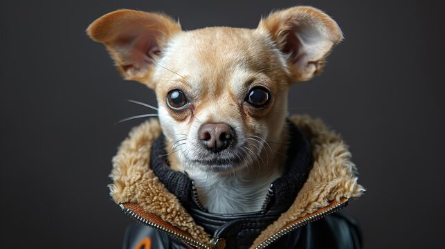 A closeup portrait of a chihuahua wearing a brown leather jacket with a shearling collar.