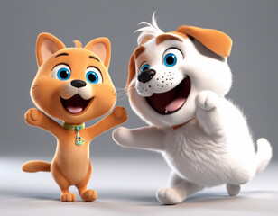 The dog and the cat are laughing and dancing merrily.