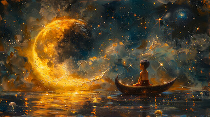 fantasy dream of child in boat with moon and sky, imagination in children concept - 792695811